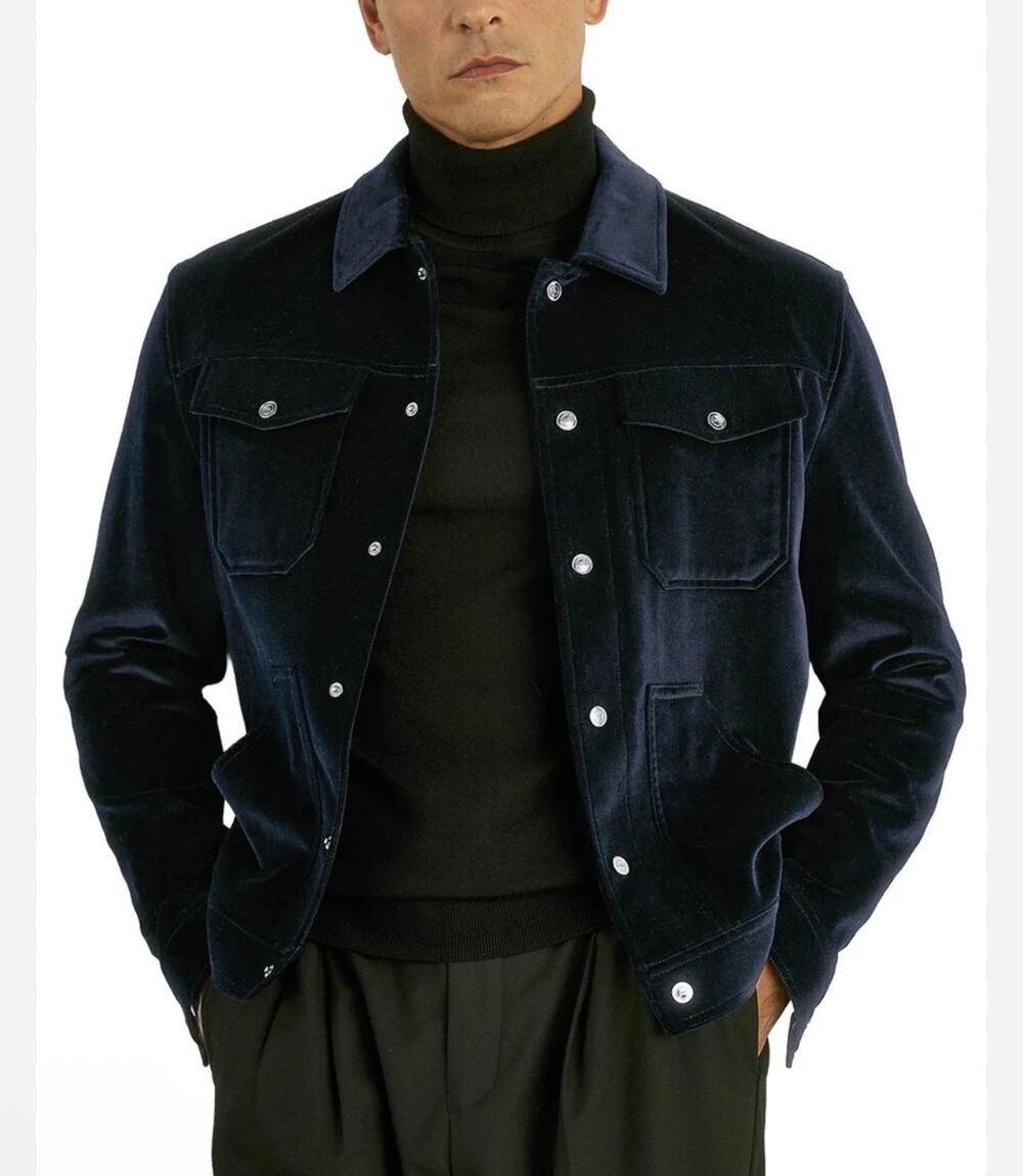 REISS Weir Cotton Blend Snap Front Velvet Jacket Navy Blue Medium